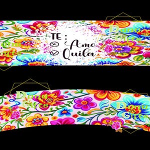 May include: A colourful floral pattern with the text "TE: Amo Quila" on a white background. This design is ideal for a coffee cup sleeve or a phone case.