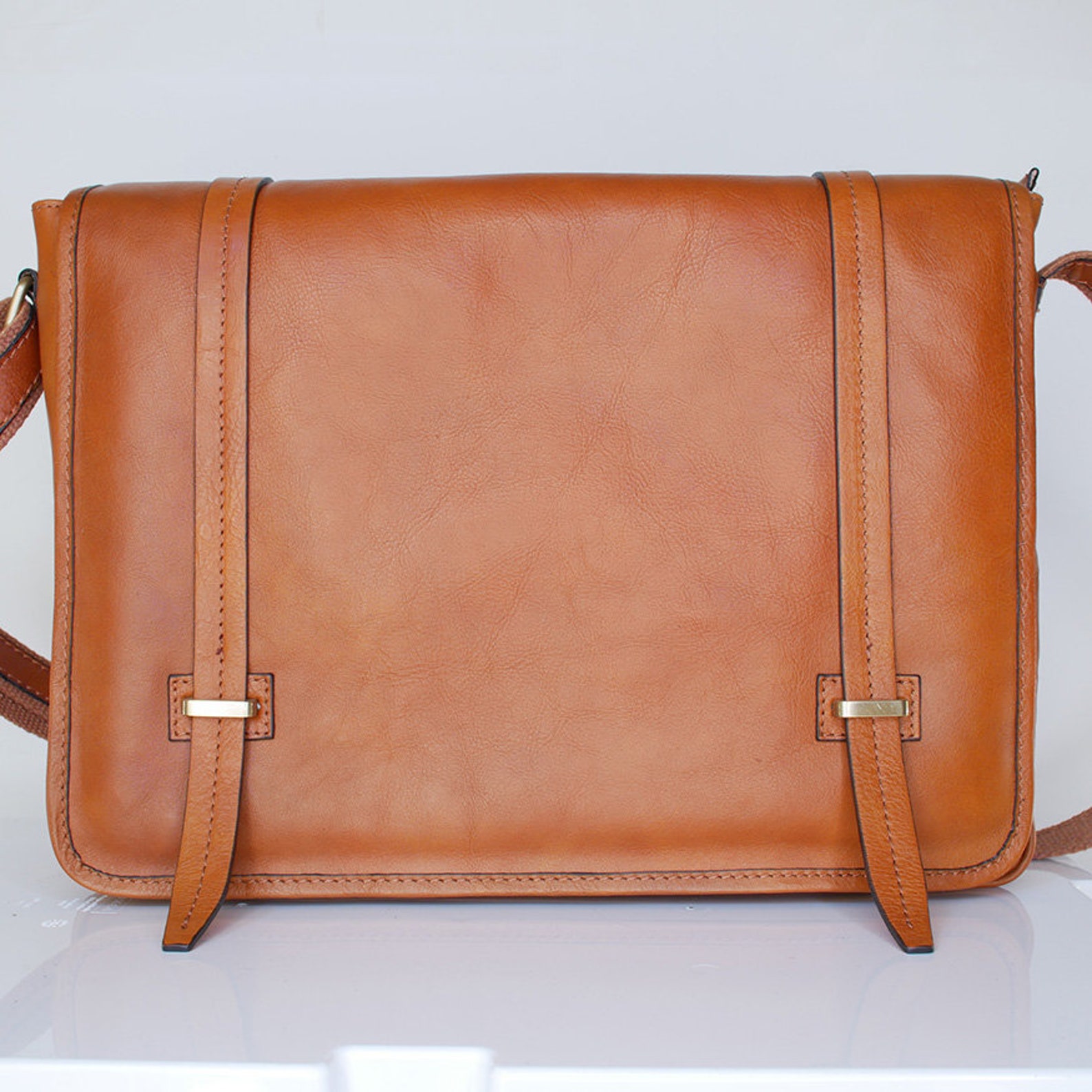 Full Grain Calfskin Leather Messenger Bag Etsy