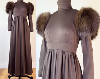 Vintage LILLIE RUBIN Victorian inspired fox fur shoulder maxi dress ~ avant garde gown ~ statement piece ~ chocolate brown ~ witchy ~ small