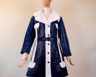 Vintage 60s mod vinyl raincoat ~ rare ~ blue & white color block ~ matching belt ~ Mary Quant inspired ~ rain jacket ~ belted ~ pockets ~ M