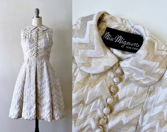 Vintage 60s Miss Mignon super rare gold metallic brocade dolly collar designer mini dress {xs}