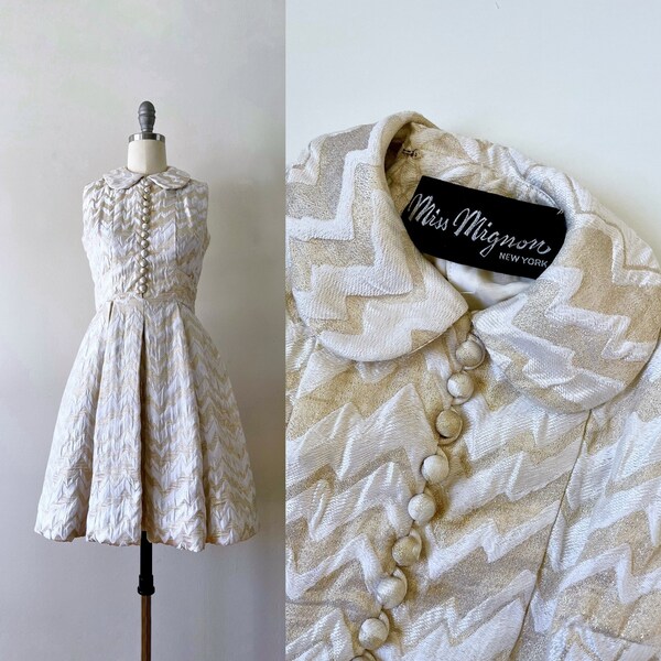 Vintage 60s Miss Mignon super rare gold metallic brocade dolly collar designer mini dress {xs}