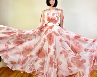 Vintage 60s CLIFTON WILHITE caped silk chiffon gown ~ voluminous formal maxi dress ~ flowy ~ floral rose print ~ statement piece ~ xs
