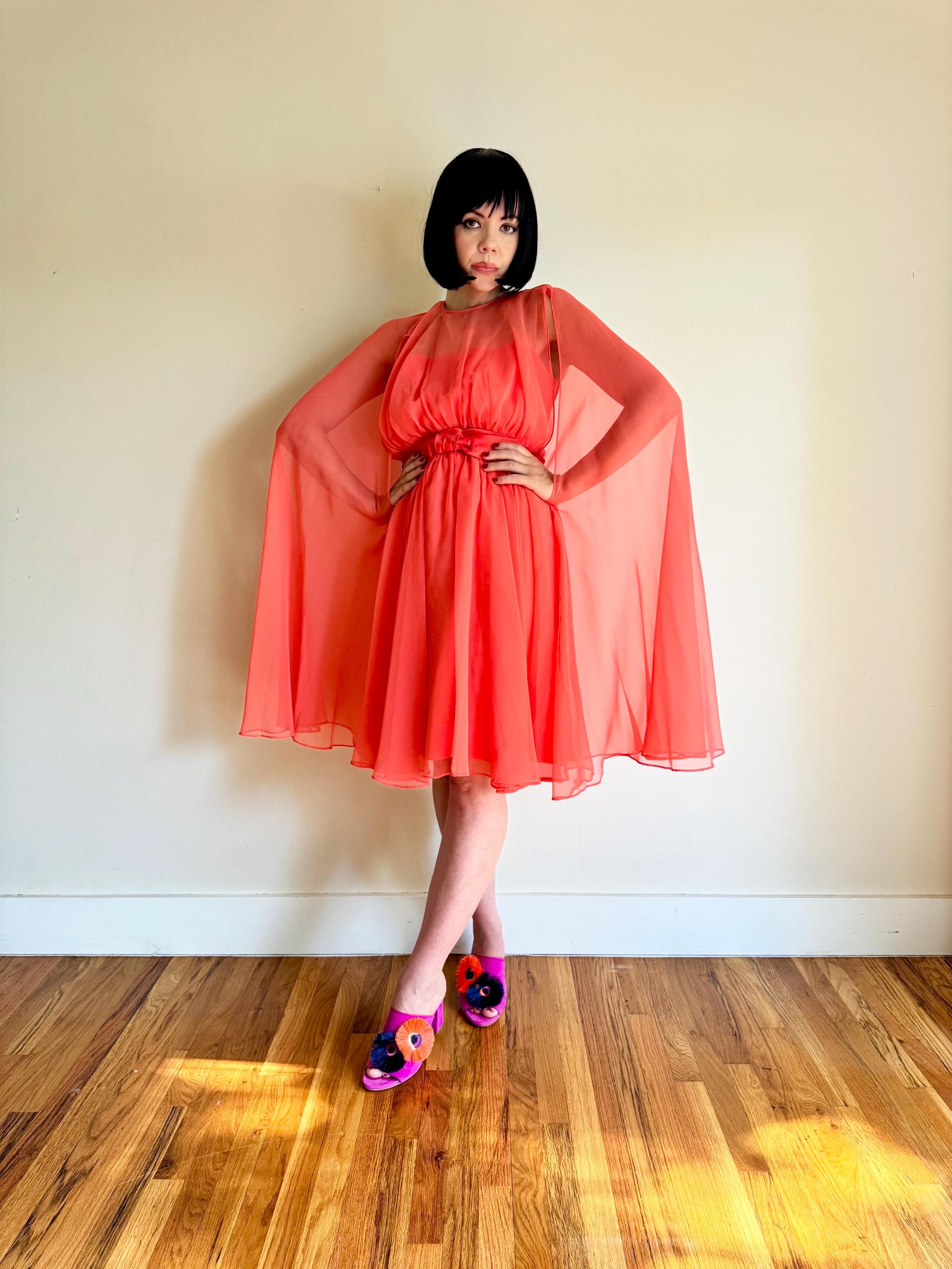 Vintage 60s MISS ELLIETTE cape dress ~ orange sherbet ~ sheer chiffon capelet ~ cocktail party dress ~ mod ~ bow ~ flowy ~ caped ~ small