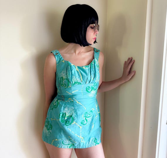 Vintage 50s ALFRED SHAHEEN Surf n Sand playsuit ~ romper ~ cotton skirted swimsuit ~ bombshell ~ Hawaiian ~ tiki ~ rare & collectible ~ s/m