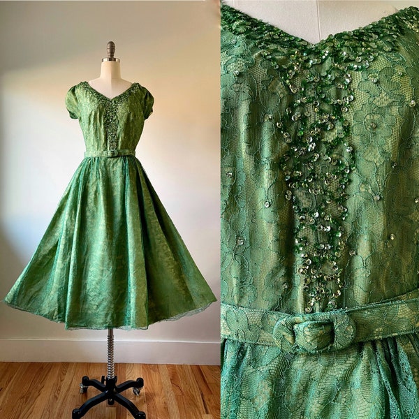 Vintage 50’s green lace sequin belted tea length dress ~ full circle ~ matching belt ~ holiday party cocktail gown ~ fit & flare ~ xs small