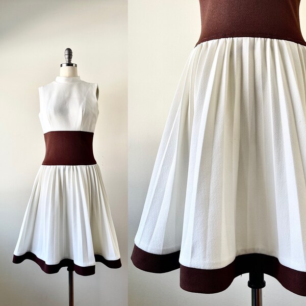 Vintage 60s brown and white mod color block high mock neck dress with pleated skirt {small}