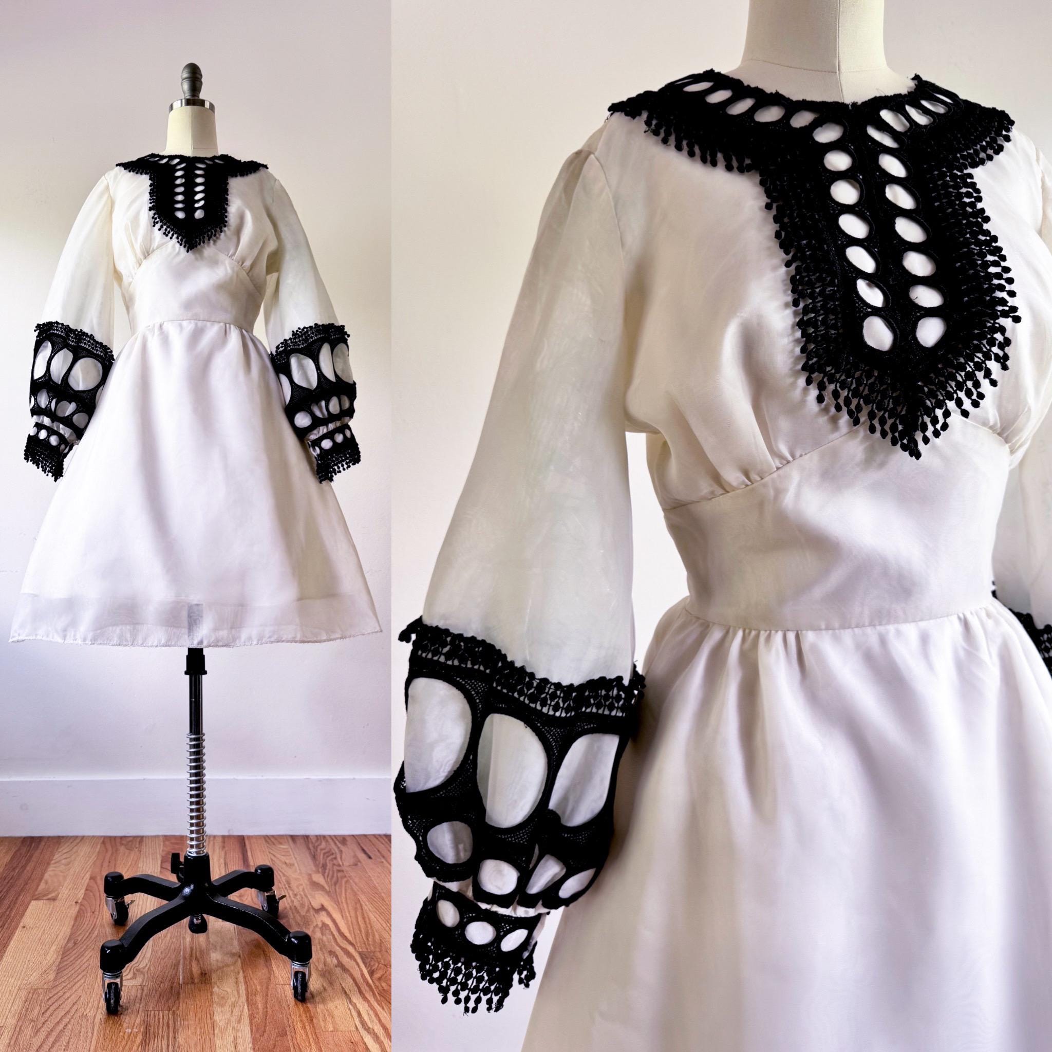 Vintage 60s balloon sleeve cocktail dress with black cut-out crochet trim ~ Victorian inspired ~ statement sleeves ~ dramatic ~ unique ~ S