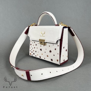 Bolso de piel, bolso de piel blanco/burdeos, bolso bandolera de piel, bolso bandolera para mujer, bolso bandolera de piel