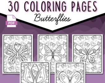 30 Butterfly Coloring Pages | Butterfly Coloring Pages For Kids | Birthday Party Activity | Mindfulness Coloring | Summer Activity Book