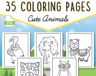 Cute Coloring Book For Kids, 35 Animal Coloring Pages For Kids, Kids Coloring, Kids Activity Book, Coloring Pages For Toddlers, Cute Animals