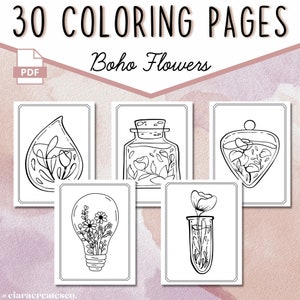 30 Boho Coloring Pages, Boho Flower Printable Coloring Book, Minimalist Coloring Pages, Adult Coloring Book, Boho Coloring, Instant Download