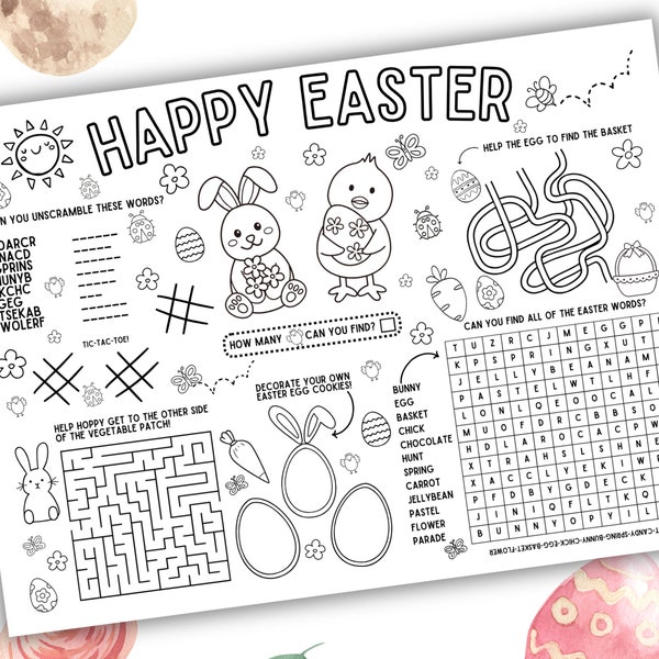 Easter Activity Placemat, Spring Coloring, Printable Easter Activity, Easter Craft, Printable Easter Coloring Pages, Easter Activity Mat