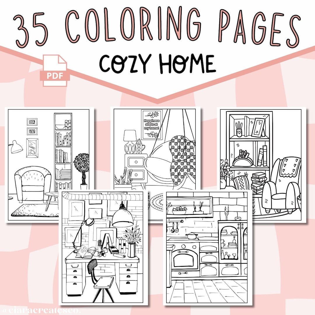 Charming cozy reading nook coloring page
