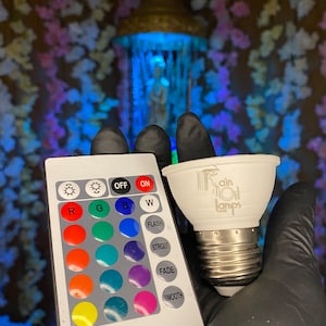 May include: A white LED light bulb with the text "Rain Oil Lamps" and a remote control with color options. The remote has buttons for red, green, blue, and white light, as well as flash, strobe, fade, and smooth settings.