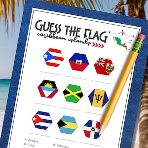 Bilder-Quiz mit Weltflaggen der Karibik und Name des Landes, Inselflagge, Quizspiel, lustiges Pub-Quiz, Geographie, pädagogisches Lernspiel für Kinder