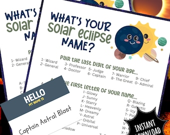 What's Your Solar Eclipse Name Game With Name Tags And Viewing Party Sign Celestial Space Astronomy STEM Activity For Kids Adults Seniors