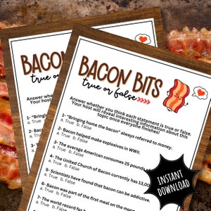 Può includere: Una carta di gioco stampabile con il titolo "Bacon Bits: Vero o Falso" che presenta una striscia di pancetta di cartone animato con un cuore. La carta include un elenco di domande di trivia sul bacon, come "Portare a casa la pancetta" si riferiva sempre al denaro. La carta include anche il testo "Download immediato".