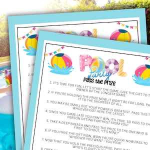 May include: A blue and white printable game card with the text "Pool Party Pass the Prize" and instructions for a game. The card features a colourful illustration of a pool float and beach balls.