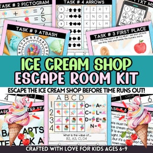 May include: An ice cream shop escape room kit for children aged 6-9. The kit includes a variety of activities, such as puzzles, riddles, and mazes. The kit is decorated with a colourful ice cream theme.
