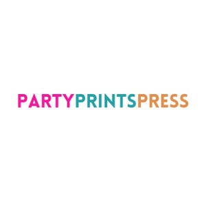 May include: The text "PARTYPRINTSPRESS" is displayed in a sans-serif font. The word "PARTY" is in magenta, "PRINTS" is teal, and "PRESS" is orange. The text is centered on a white background.