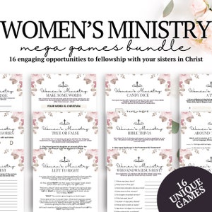 May include: A printable bundle of 16 unique games for women's ministry. The games are themed around Christian topics and feature a pink floral design. The text on the cover reads "Women's Ministry Mega Games Bundle".