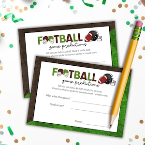 May include: Two football game prediction sheets with a brown border and green accents. The text "FOOTBALL game predictions" is at the top, with space to write the winner and final score. A yellow pencil rests on the sheets.