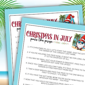 May include: A printable game card with instructions for a Christmas in July party game. The card features a cartoon image of a Santa Claus wearing sunglasses and a surfboard on a beach.
