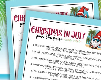 Puede incluir: Una tarjeta de juego imprimible con instrucciones para un juego de fiesta de Navidad en julio. La tarjeta presenta una imagen de dibujos animados de un Papá Noel con gafas de sol y una tabla de surf en una playa.