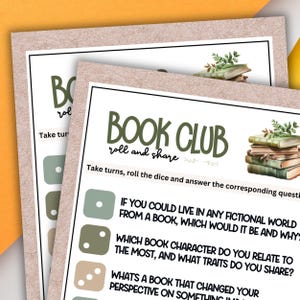 Puede incluir: Un juego de dados verde y blanco para clubes de lectura. El juego incluye preguntas sobre libros, como "Si pudieras vivir en cualquier mundo ficticio de un libro, ¿cuál sería y por qué?" y "¿Con qué personaje de libro te identificas más y qué rasgos compartes?"