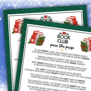 May include: A Book Club invitation with a green border and white background. The design features stacks of books with festive decorations and the text "Book Club pass the prize." The invitation includes details about a book swap event.