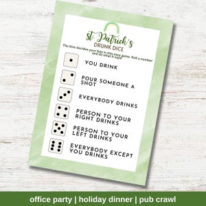 St. Patrick's Day Drunk Dice Printable PDF Game To Play At Your Office Work Or Dinner Party Or With Friends And Family To Enjoy