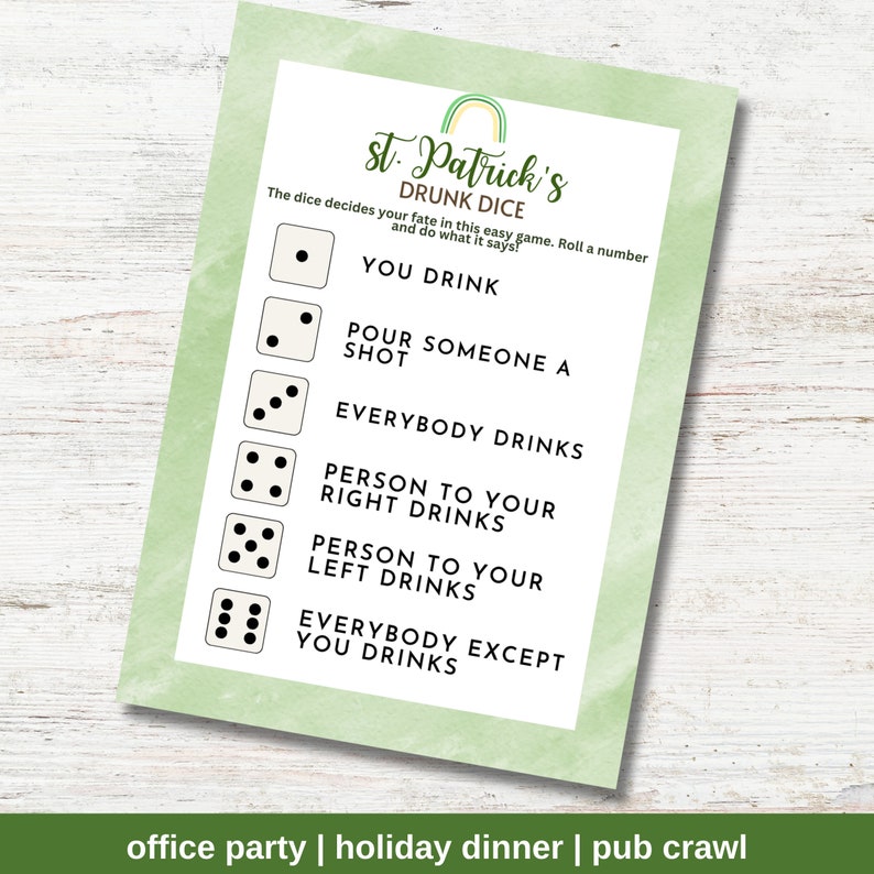 St. Patrick's Day Drunk Dice Printable PDF Game To Play At Your Office Work Or Dinner Party Or With Friends And Family To Enjoy