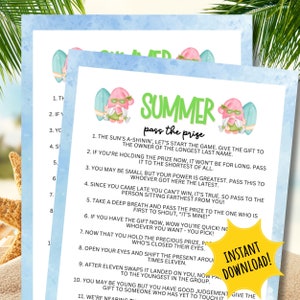May include: A printable game card with a summer theme. The card features a gnome with a surfboard and the text "Summer Pass the Prize". The card includes instructions for a game where players pass a gift around the group.