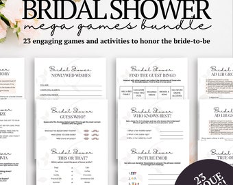 May include: A collection of printable bridal shower games, including bingo, trivia, and emoji puzzles. The games feature a floral design and are designed to entertain guests. The bundle includes 23 unique games and activities to honor the bride-to-be.