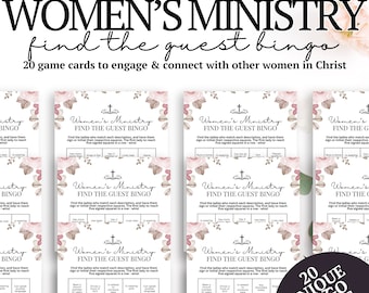 May include: Twenty unique bingo cards with a floral design and the text "Women's Ministry find the guest bingo" in a pink and brown color scheme. Each card has a grid with squares containing various prompts for players to find other guests who match the descriptions.
