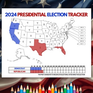 May include: A map of the United States with each state outlined in black and labeled with the number of electoral votes. The states are colored red or blue to indicate which party is projected to win the state in the 2024 presidential election. The map includes a key that shows the number of electoral votes needed to win the election. The text "2024 PRESIDENTIAL ELECTION TRACKER" is at the top of the map.