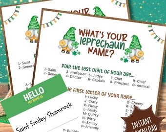 What's Your Leprechaun Name Game Personalized St Patricks Day Party Activity For Kids Lucky Green Icebreaker Name Tag And Sign PDF