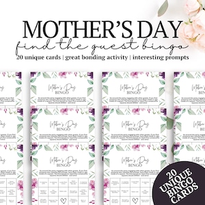 Día de la Madre Encuentra al Invitado BINGO Rompehielos 20 Cartas Juego de Fiesta Diversión para Toda la Familia para Hacer Que Mamá o Abuela se Sientan Especiales