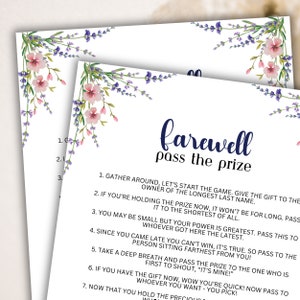 May include: A printable game card with a floral design and the text "farewell pass the prize". The card includes instructions for a game where players pass a gift around.