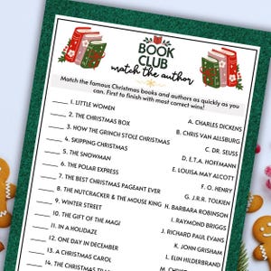 May include: A Christmas-themed Book Club game sheet with a green border. The sheet features a matching game with Christmas books and authors. The title reads "Book Club match the author". Decorative illustrations of books and holly are present.
