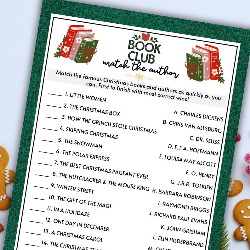 May include: A Christmas-themed Book Club game sheet with a green border. The sheet features a matching game with Christmas books and authors. The title reads "Book Club match the author". Decorative illustrations of books and holly are present.
