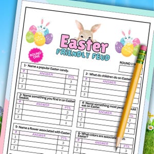 May include: A printable Easter-themed game for kids called "Friendly Feud". The game has two rounds and asks questions about Easter traditions, candy, and colors. The game is designed to be played by two teams.