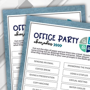 Puede incluir: Un juego imprimible para fiestas de oficina llamado "Office Party Charades". El juego incluye una lista de indicaciones de charadas con temática de oficina, como "Enviar un correo electrónico", "Tomar un café" y "Dar una presentación".