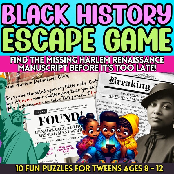 Black History Escape Room For Tweens Age 8 9 10 11 12 Grade 3 4 5 6 For BHM Juneteenth Month African American Harlem Renaissance Celebration