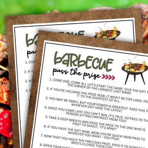 May include: A printable game card with a brown background and green text that reads "Barbecue Pass the Prize". The card features a red arrow pointing to the right and a cartoon image of a grill with food cooking on it.