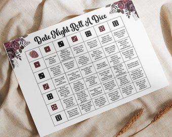 May include: A printable date night game with a floral design. The game includes a dice and a grid of 36 prompts for couples to discuss.
