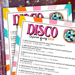 May include: A pink and white printable trivia quiz with the title "DISCO trivia quiz" and a disco ball graphic. The quiz questions are about disco music and culture.