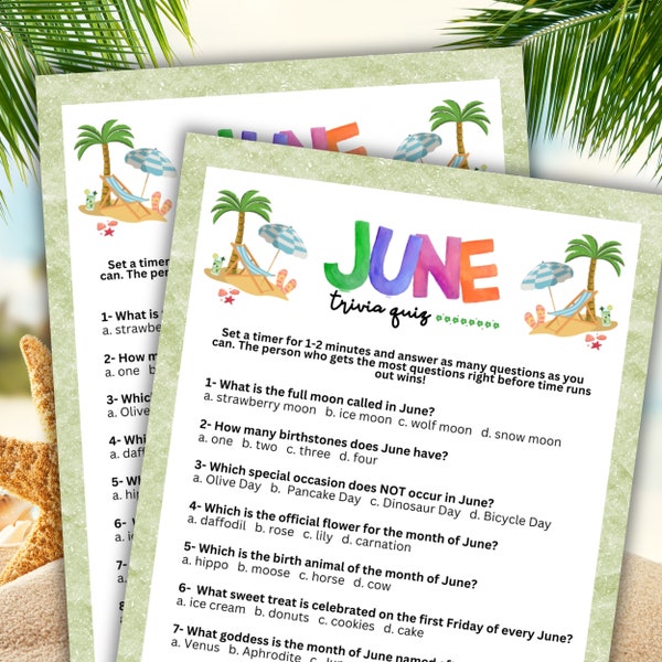 June Trivia Printable Multiple Choice Summertime Game For Pool Beach Party Backyard Barbecue Outdoor Picnic Lake Cookout Sunshine Good Time