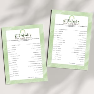 St. Patrick's Day Irish Slang Trivia Green Printable PDF Game For Adults At Office Work Party Gatherings Or Seniors In Bar Pub Crawls